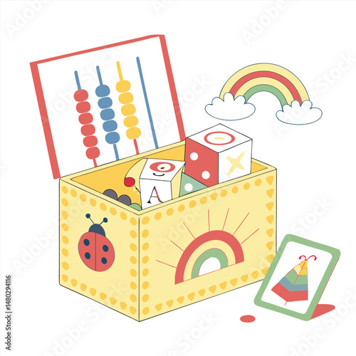 A toy box filled with white background educational toys.