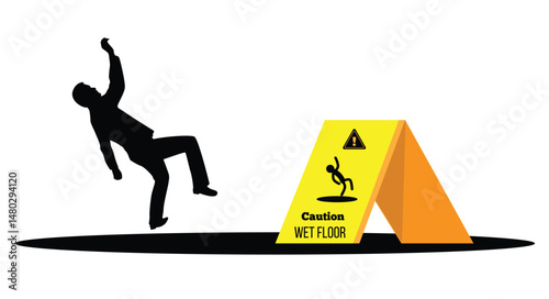 Caution Wet Floor Sign with Business Man Slipping and Falling. Cleaning surface objects, signs and symbols vector art
