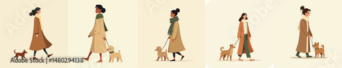 Flat Style Illustration of Women Walking Dogs in Autumn and Winter Outfits – Modern Character Design for Seasonal Concepts