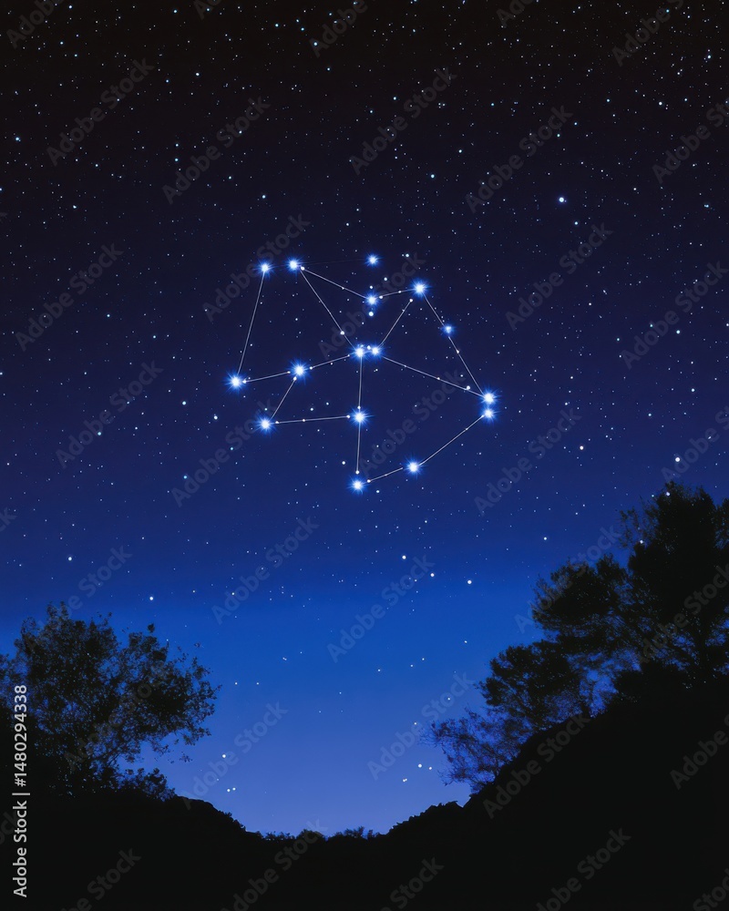Night sky view of constellation Ursa Minor over silhouetted trees in rural landscape at twilight hour astronomy Night sky view of constellation Ursa Minor over silhouetted trees in rural landscape at twilight hour astronomy