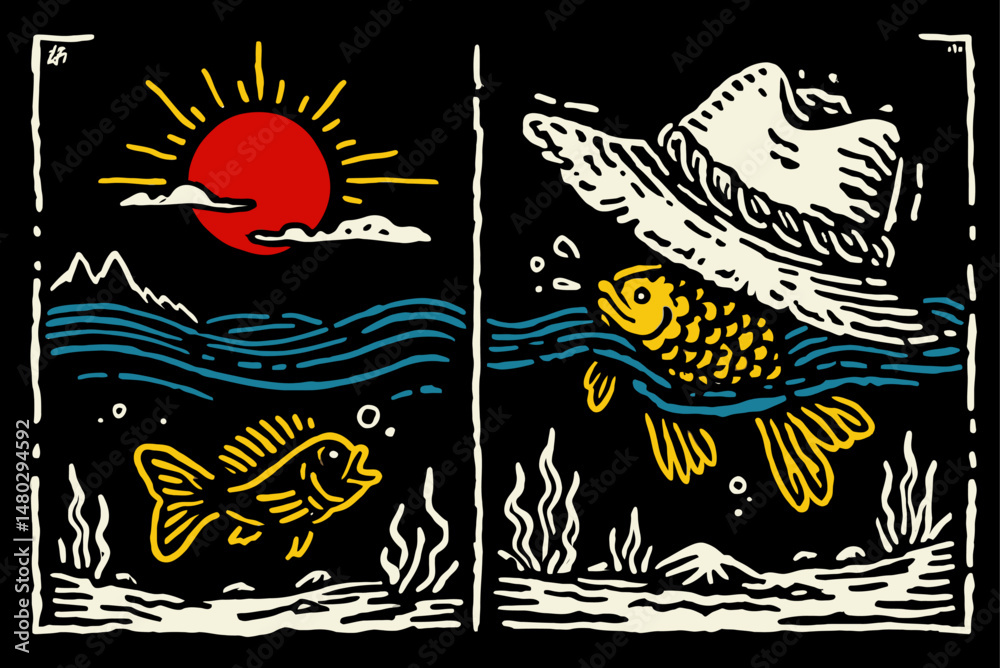 Fototapeta premium Colorful Fish Illustration with Sunset and Hat Design Elements
