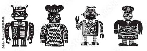 Hand-Drawn Black Doodle Illustration of Quirky Robot Characters