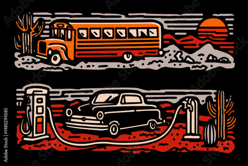 Retro Illustration of Bus and Car with Gas Pump in Desert Landscape