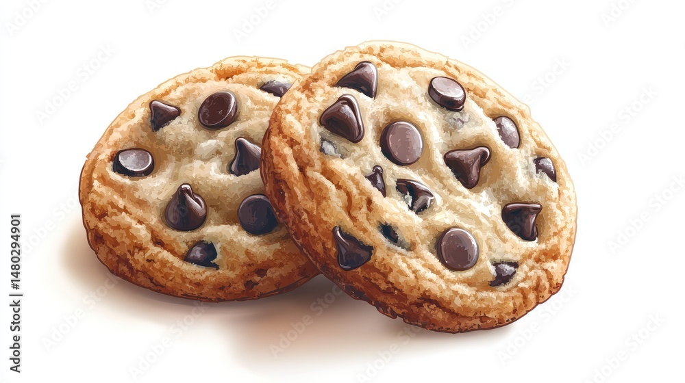 Two chocolate chip cookies, close-up, white background, baking Two chocolate chip cookies, close-up, white background, baking