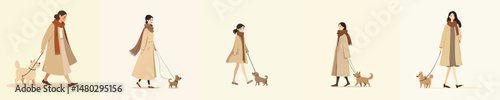 Flat Style Illustration of Women Walking Dogs in Autumn and Winter Outfits – Modern Character Design for Seasonal Concepts