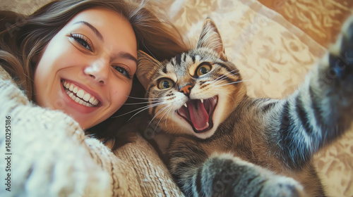 Smiling woman and tabby cat pose for a happy selfie, lying on bed
