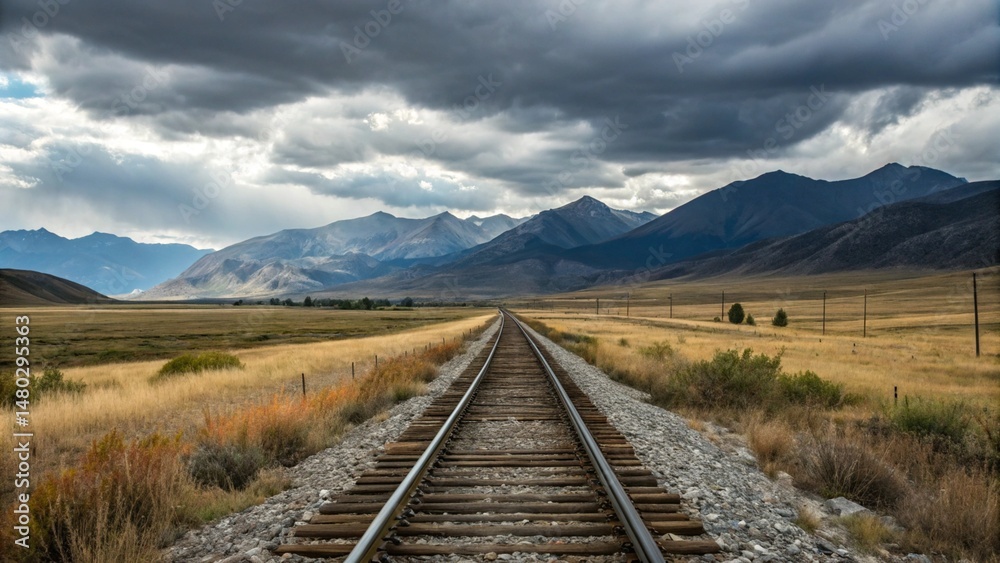 Fototapeta premium Railroad Tracks Leading to Majestic Mountain Range Under Dramatic Sky