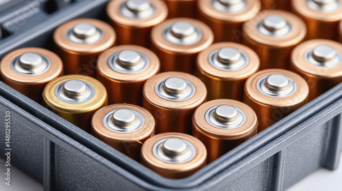 Box of various batteries displayed neatly to represent the battery manufacturing process in a modern industrial environment