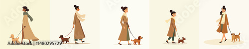 Flat Style Illustration of Women Walking Dogs in Autumn and Winter Outfits – Modern Character Design for Seasonal Concepts