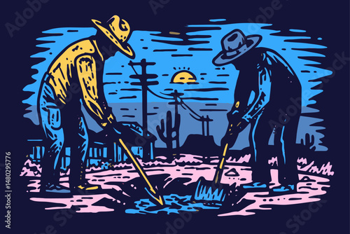 Two Farmers Working Under Sunset in Colorful Drawing Illustration