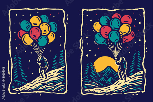 Colorful Balloon Illustration with Nature and Night Sky Elements
