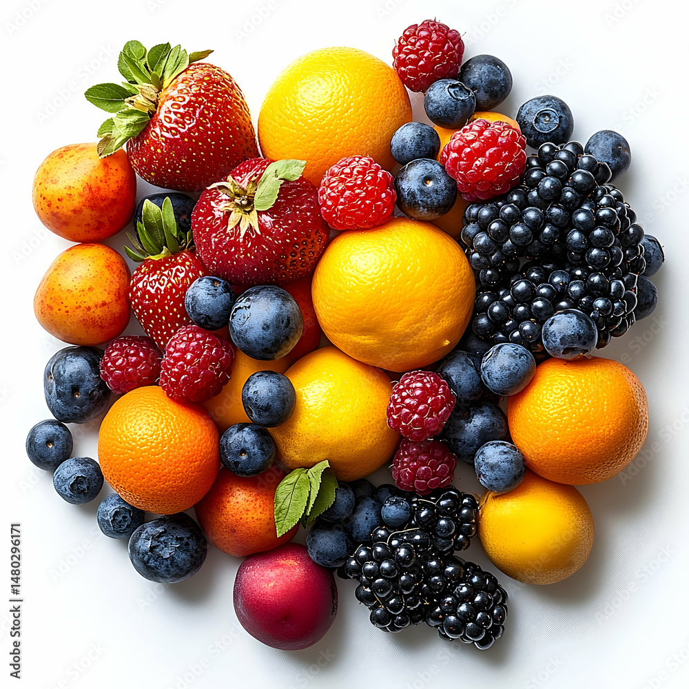 Assortment of fresh fruits strawberries oranges berries and more Assortment of fresh fruits strawberries oranges berries and more