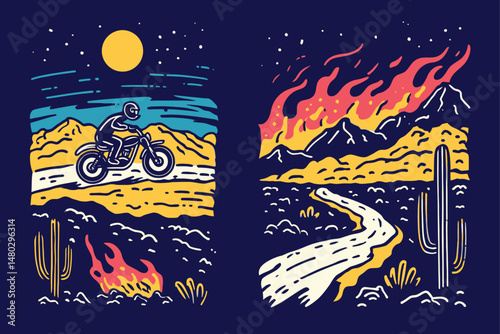 Colorful Retro Illustration of a Biker Riding Through a Desert