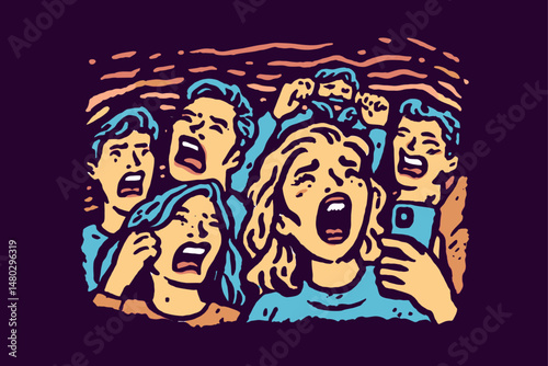 Colorful illustration of expressive crowd shouting in excitement