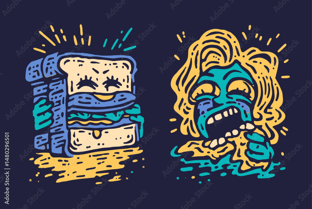 Obraz premium Colorful Illustration of Funny Sandwich and Woman Eating Snack