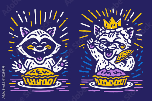 Playful Cartoon Racoon Illustrations Enjoying Delicious Desserts
