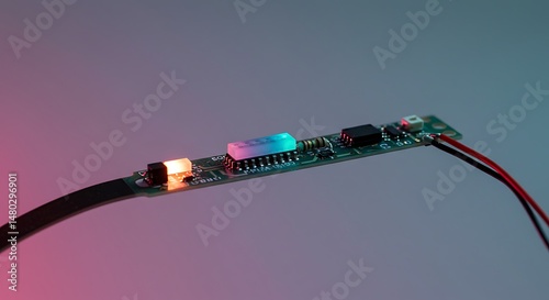 Illuminated electronic circuit board showcasing technology's vibrant core components photo