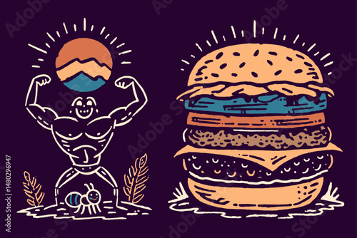 Muscular Character with Burger and Scenic Background Illustration