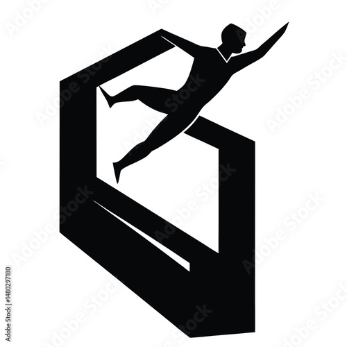 Breaking Barriers A Silhouette of a Man Leaping Through a Geometric Frame