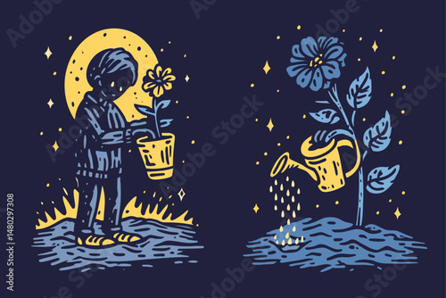Artistic Illustration of a Child Watering a Flower with Night Sky