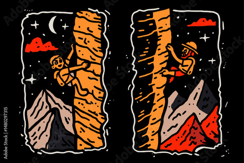 Illustrative Drawing of Two Climbers Ascending Rocky Mountains at Night