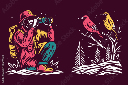 Detailed Illustration of Birdwatcher with Binoculars and Colorful Birds