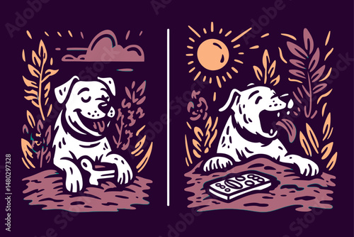 Playful Dog Illustration with Nature Elements and Fun Backgrounds