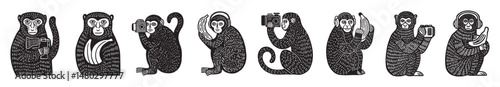 Hand-Drawn Black Doodle Illustration of Monkeys with Various Props