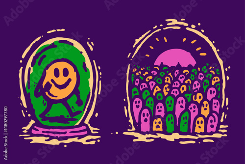 Colorful Illustration of Smiley Character in Unique Surroundings
