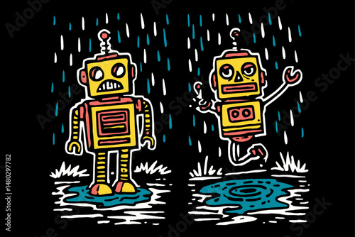 Colorful Robot Illustration in Rainy Scene for Creative Projects