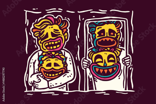 Colorful Illustration of Characters Wearing Lively Masks and Shirts