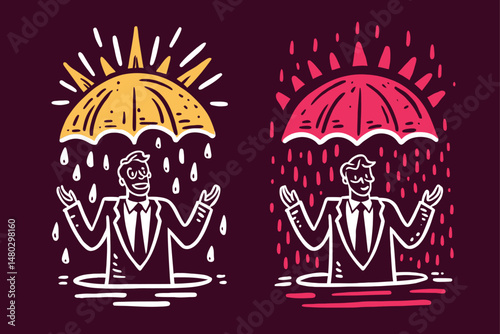 Man in Suit with Umbrella Under Sun Illustration and Rain Elements