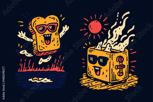 Fun and Whimsical Illustration of Toast with Sunglasses and Sun