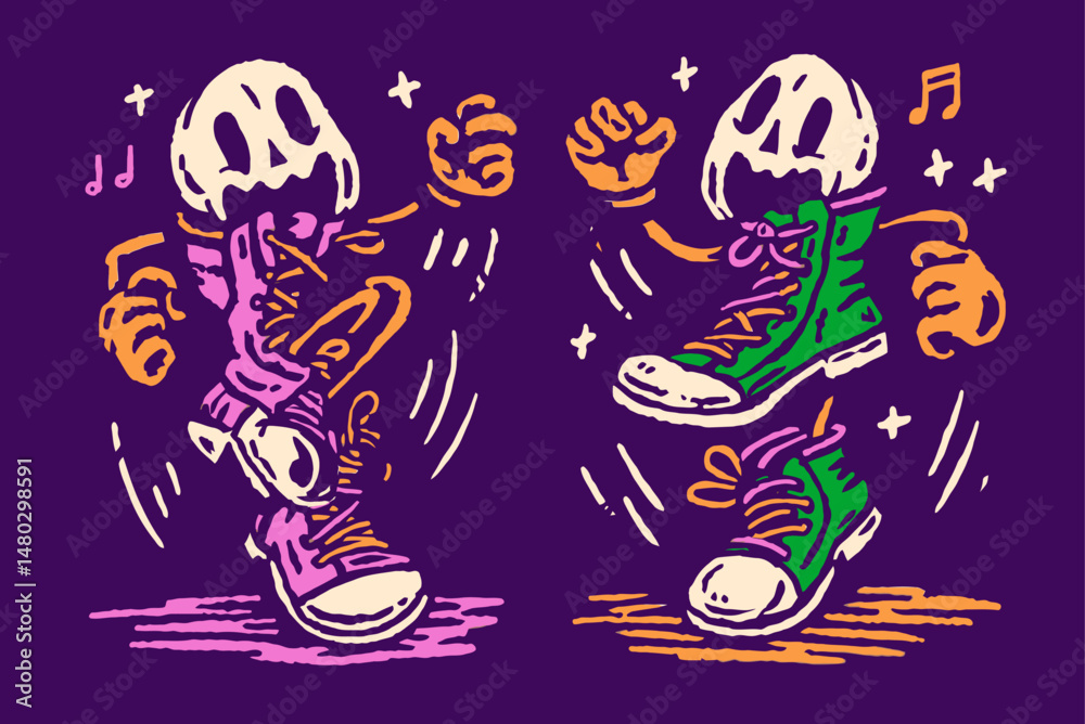 Fun and Playful Illustration of Dancing Skeletons with Colorful Shoes Fun and Playful Illustration of Dancing Skeletons with Colorful Shoes