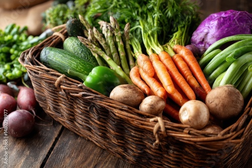 Fresh vegetables in wicker basket still life close up shot on rustic wood table healthy eating concept farm to table
