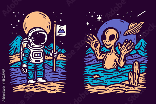 Astronaut and Alien Illustration in Colorful Retro Style
