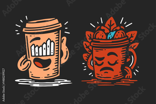 Playful Coffee Cup and Plant Illustration with Fun Expressions