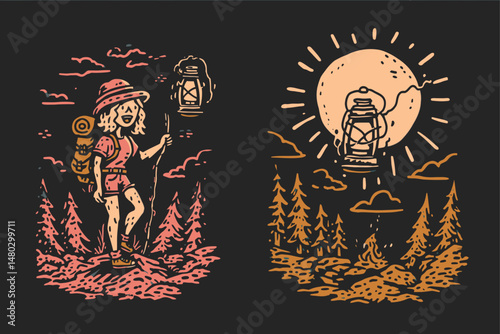 Adventurous Girl with Lantern in Nature Scene Illustration