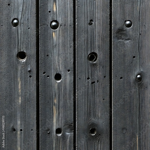 Dark, charred wood planks with drilled holes photo