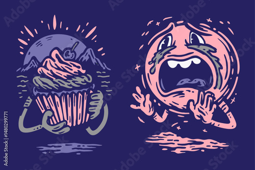 Whimsical Illustration of Cupcake and Crying Face with Mountains