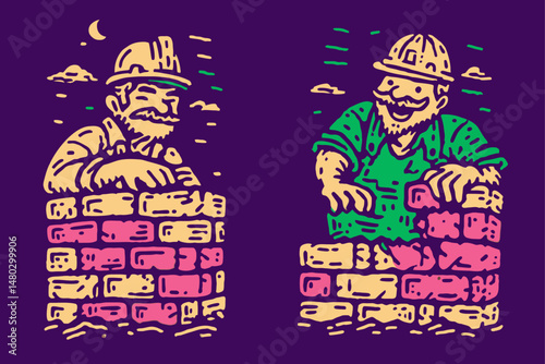 Two Cartoon Bricklayers Working on Colorful Wall Illustration