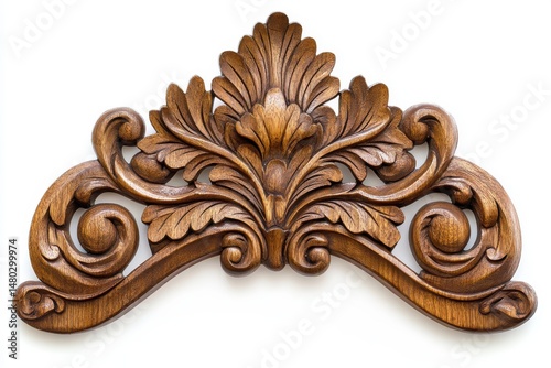 Ornate wood carving isolated on white background for decoration and furniture design.