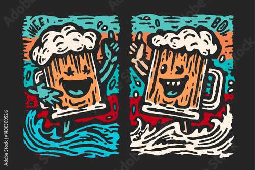 Fun and Colorful Beer Mug Cartoon Illustration for T-shirt Design