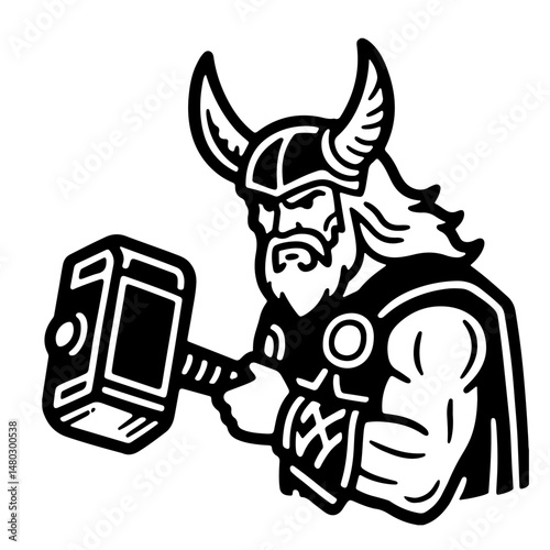 A powerful black and white vector illustration of a Viking warrior holding his hammer, showcasing bold lines and a fierce expression.