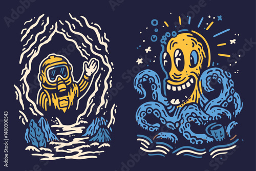 Colorful Illustration of Astronaut and Sea Monster in Dynamic Style