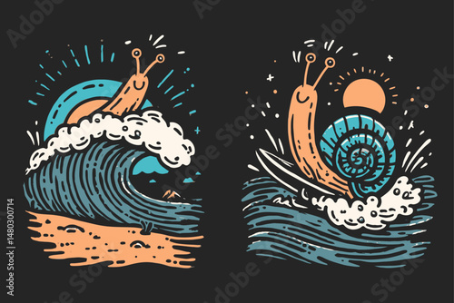 Colorful Snail Surfing Illustration with Wave and Sunset Background