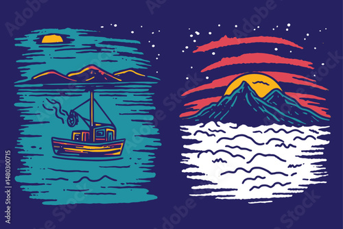 Vibrant Nautical Illustration with Boat and Mountain Landscape