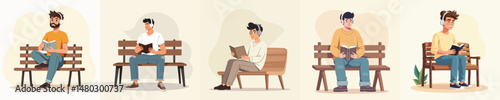 Cartoon Illustration of a Young Man Relaxing on a Park Bench While Reading a Book and Listening to Music