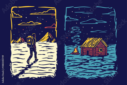 Scenic Journey and Cozy Cabin Illustration for Adventure Lovers