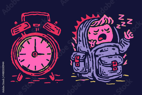 Colorful Illustration of Alarm Clock and Sleeping Child in Backpack